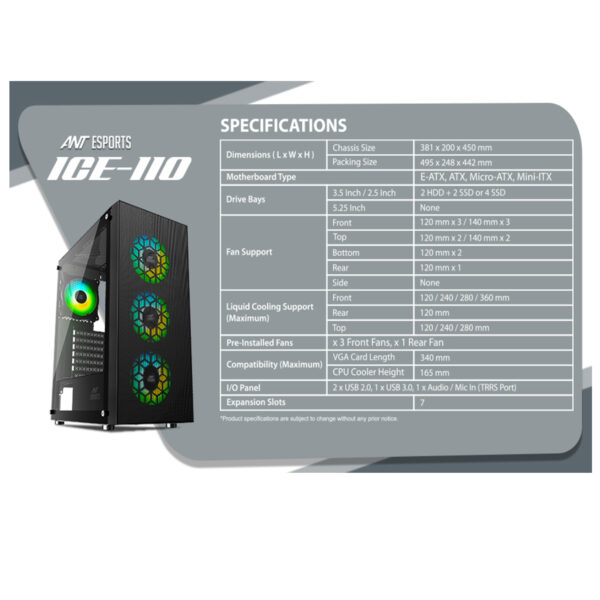 Ant Esports ICE-110 Mid Tower Gaming Cabinet- Black with Four A-RGB Fans - Image 5