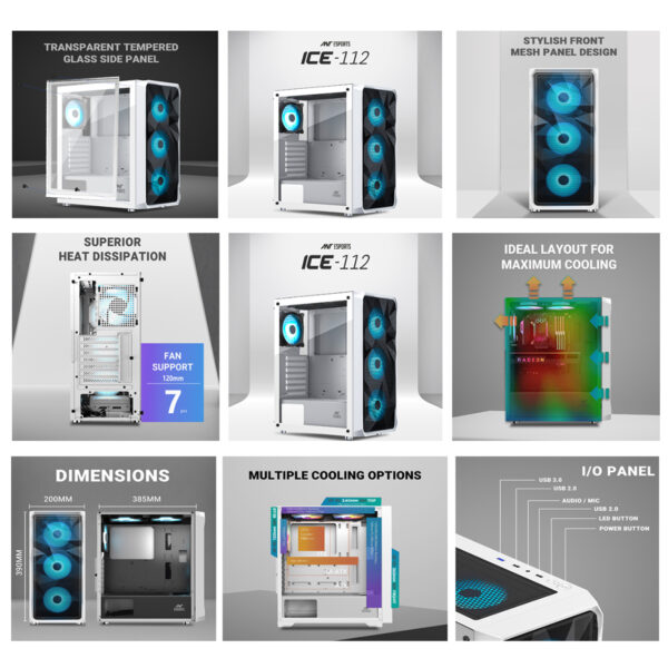 Ant Esports ICE-112 Gaming Cabinet White & Black in Color with four pre-installed rainbow LED fans - Image 2