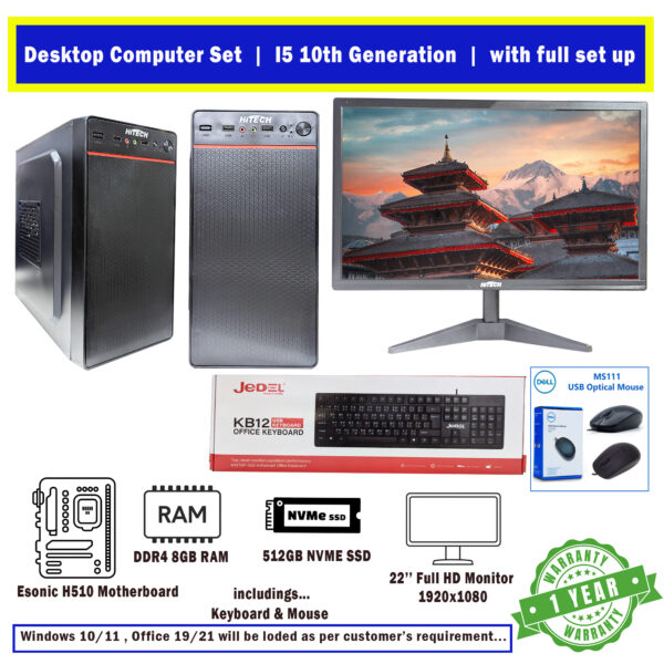 Desktop Computer Set I5 10th Generation with 8GB DDR4 RAM 512GB NVMe SSD, 22'' Full HD Monitor, Keyboard and Mouse